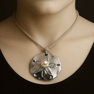 Vantel Pearls Silver-Tone Flower Pendant on Adjustable Off-White Cord Necklace